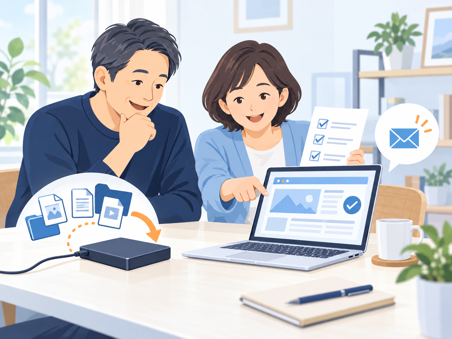 バックアップを用意して更新後のサイトとフォームの動作を確認する男女