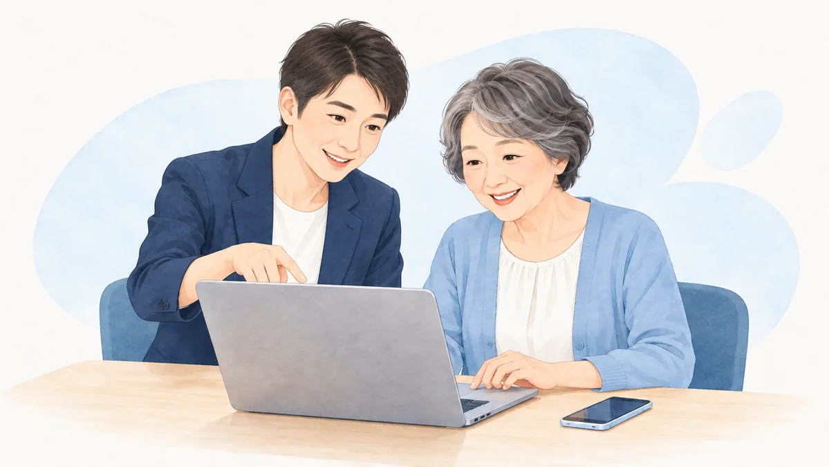 40代の男性講師が女性の受講者にパソコン操作を案内する個人レッスンのイラスト