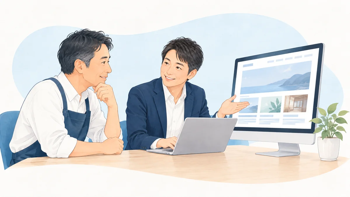 40代の男性講師が事業者と画面を見ながらホームページについて相談するイラスト