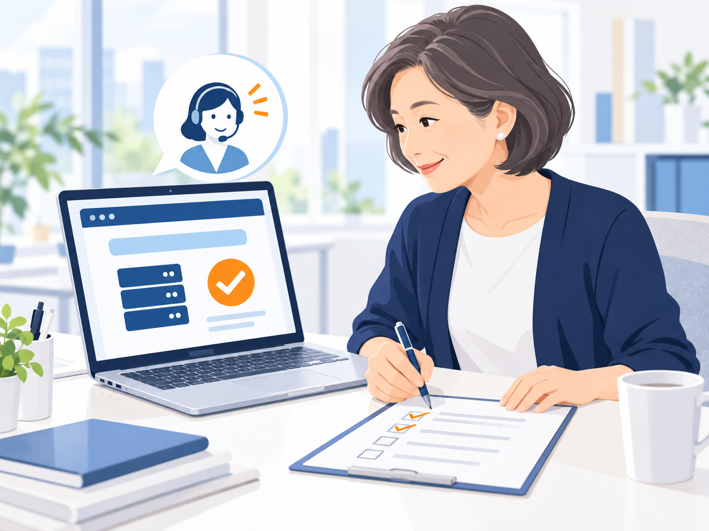 サーバー会社の公式案内とPHPの修正適用状況を確認する女性