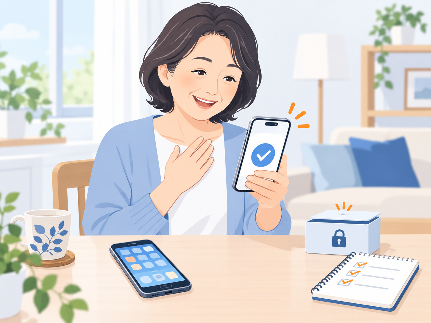 古いスマートフォンを手元に残して新しい端末でログインを確認する女性