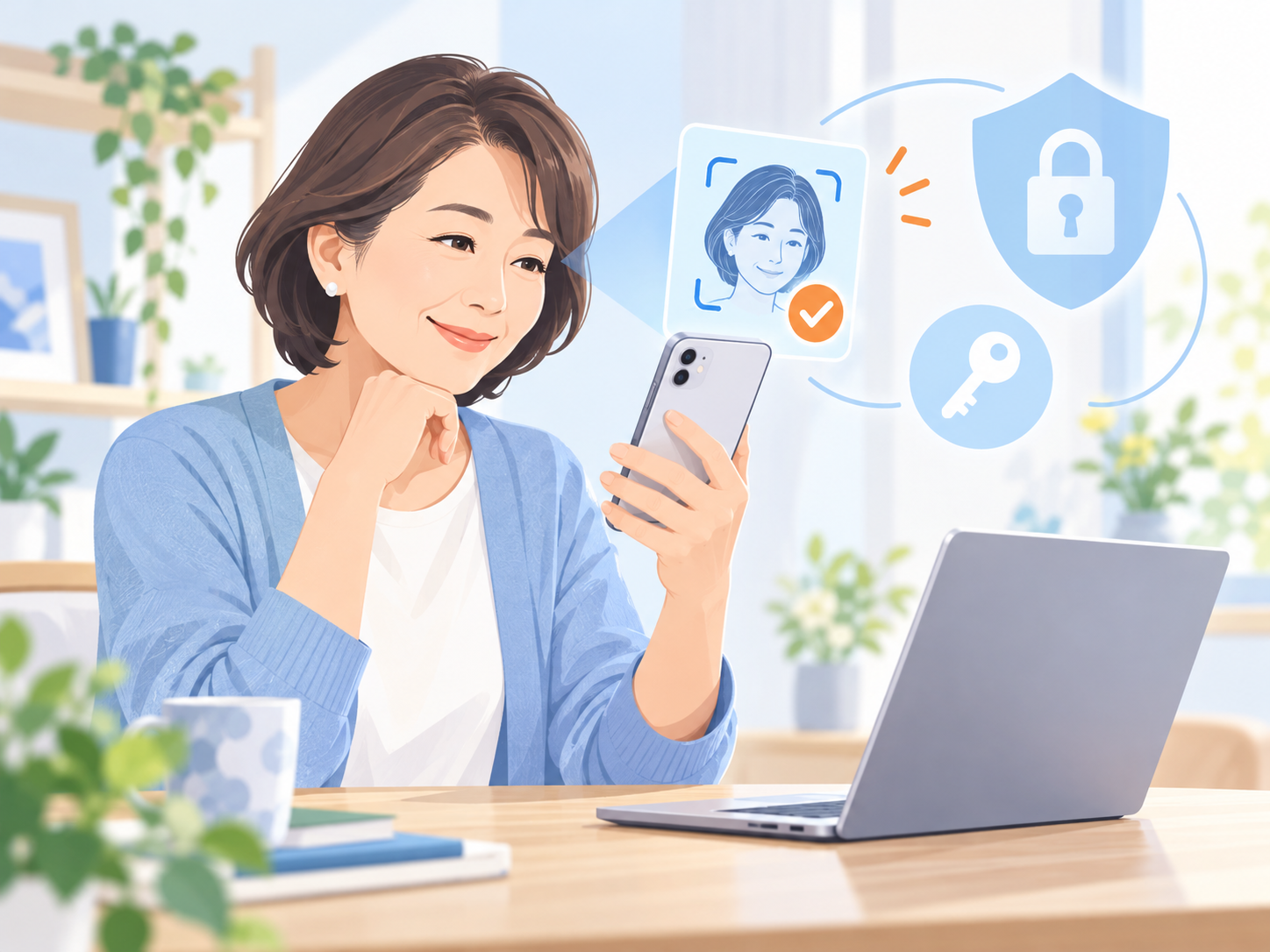 スマートフォンの顔認証でパスキーログインする女性