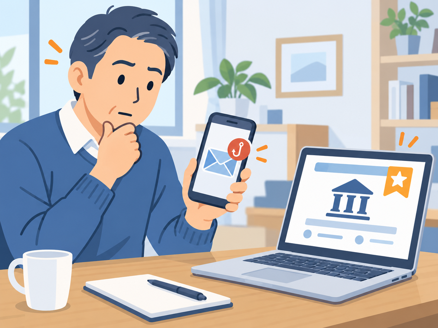 不審なメールに慌てず、公式サイトで確認する男性
