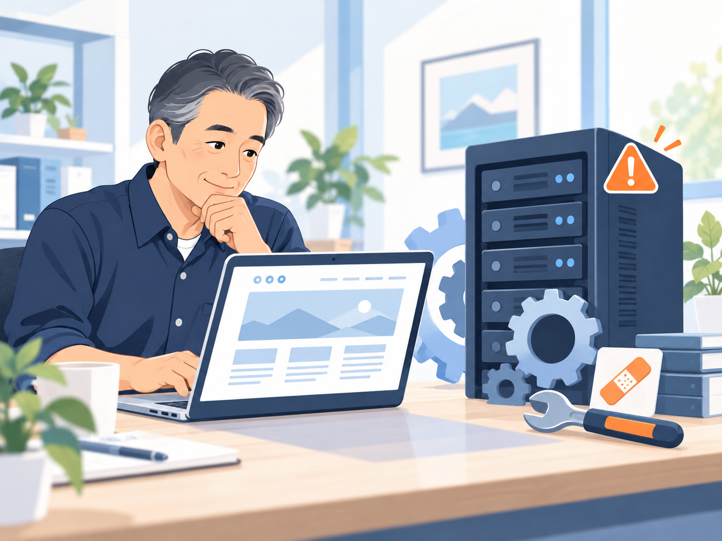 PHPが動くサーバーとWordPressのホームページを確認する男性